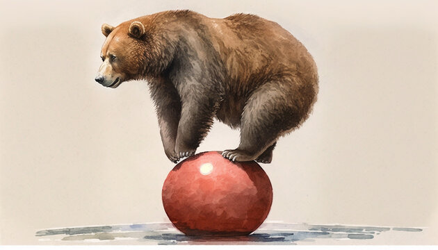 Watercolor painting of brown circus bear balancing on a ball. Generative AI.
