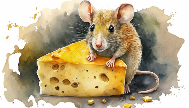 Watercolor painting of cute mouse with a piece of cheese. Generative AI.