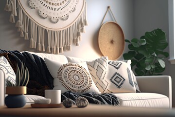 Boho style Interior Design. Generative AI.