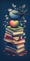 Illustration Stack of Books with Apple on Top. Generative ai