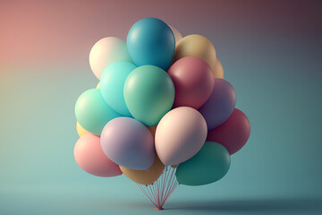 Pastel balloons on blue sky background. AI generated image