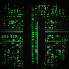 A black and green matrix code background with rows and columns of scrolling symbols and numbers. Big Data Concept. Digital Art Illustration.