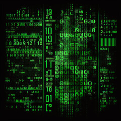 A black and green matrix code background with rows and columns of scrolling symbols and numbers. Big Data Concept. Digital Art Illustration.