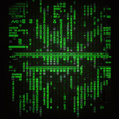 A black and green matrix code background with rows and columns of scrolling symbols and numbers. Big Data Concept. Digital Art Illustration.