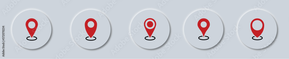 Poster set of map pin location button in neumorphism style.