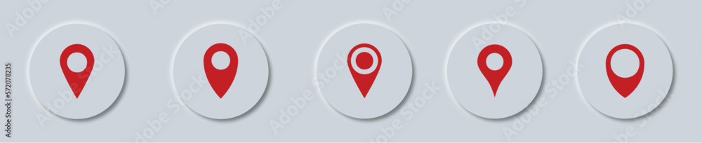 Poster set of map pin location button in neumorphism style.