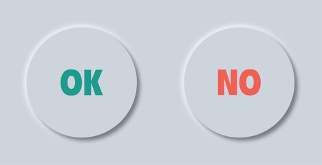 Yes and No button in neumorphism style. Check marks globe icons buttons set. Vector illustration.
