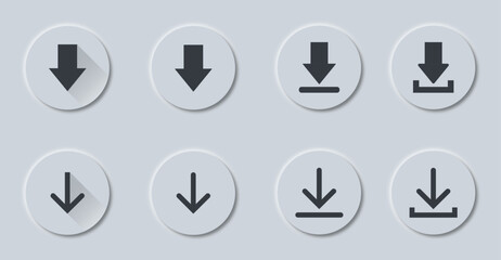 Download icon button in neumorphism style. Download icons buttons set. Vector illustration.