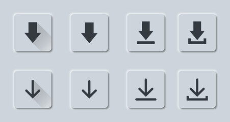 Download icon button in neumorphism style. Download icons buttons set. Vector illustration.