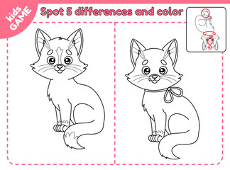 Spot 5 differences and color it. Finding the difference game for kids. Coloring book with cartoon cat. Educational worksheet for preschool and school children. Cute vector illustration.