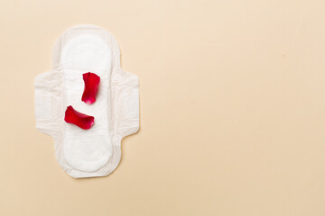 Menstrual pad with red petals on color background, top view