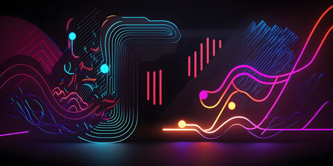 Synthwave wireframe net illustration. Abstract digital background. 80s, 90s Retro futurism, Retro wave cyber grid. Top and bottom surfaces. Neon lights glowing. Starry background. 3D Rendering