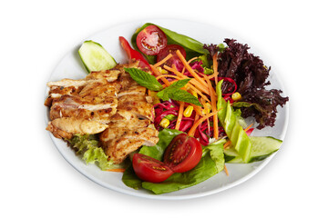 Grilled Chicken Salad on White Plate With Cucumber, Tomato, Carrot Isolated White Background