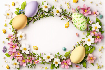 Naklejka na ściany i meble Beautiful colourful floral design with easter eggs and pink and white flowers, easter backdround image, generative AI illustration