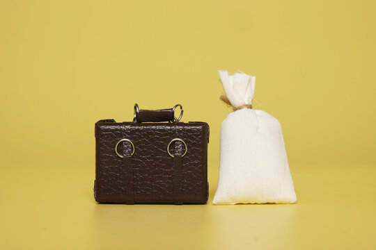 A picture of suitcase with money bag on yellow background.