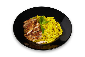 Linguine Pasta With Grilled Chicken on a Black Plate Isolated White Background PNG File