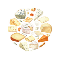 Watercolor different cheese round frame template. Hand draw circle card background with food objects on isolated white. Drink for food menu, cafe, wine list, label, banner, flyer, brochure