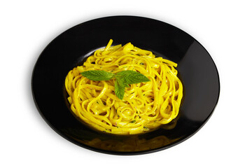 Linguine Pasta On Black Plate Mint Leafs On Top Isolated White Background PNG File