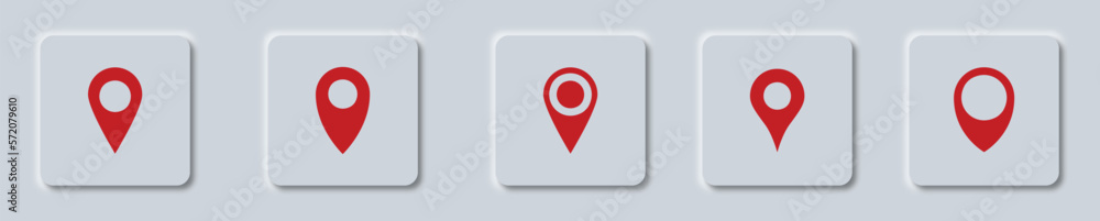 Poster set of map pin location button in neumorphism style.
