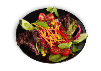 Green Salad with Carrot and Cucumber in a Black Plate Isolated White Background