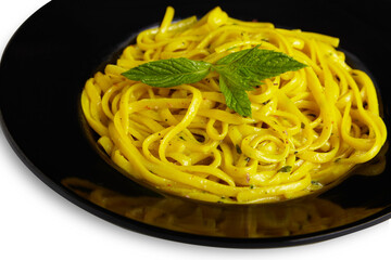 Linguine Pasta On Black Plate Mint Leafs On Top Isolated White Background PNG File Close Up