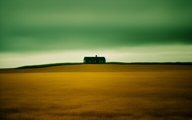 farm or house in the middle of an empty plain. concept of solitude and world alone.