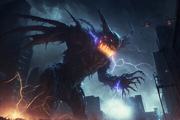 Huge scary alien nightmare monster creating lightning in the city. Menacing monster alien during the cloudy day attacking the earth. Generative AI illustration
