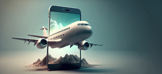 Airplane coming out from smart phone screen. Ai generative illustration