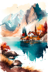 Generative AI, autumn mountain landscape drawn graphically with paints.