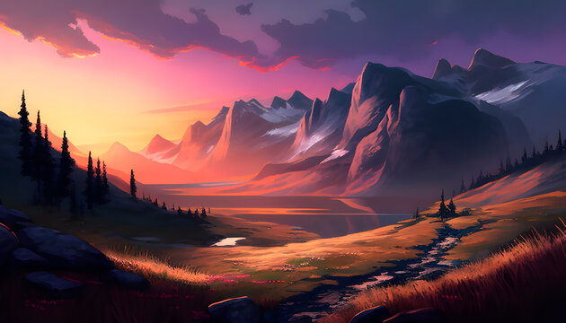 Generative AI, mountain landscape painted graphically in sunset rays, sunrise mountains, lake and plants with paints.