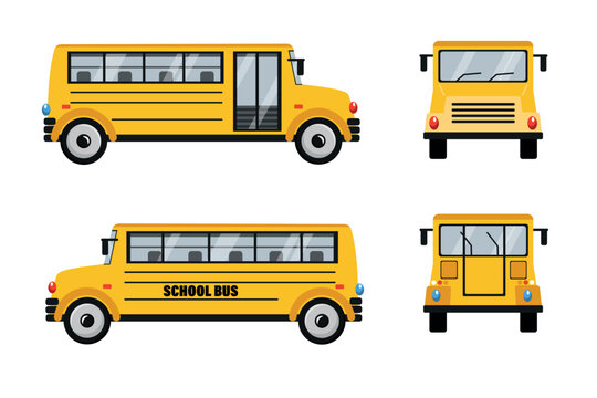 Set of yellow school buses in cartoon style. Vector illustration of school buses for students and different angles isolated on white background.
