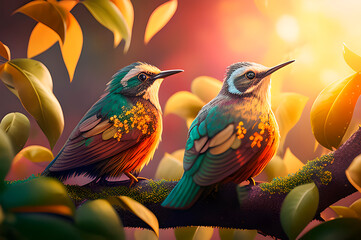 Generative AI, two colorful birds on a branch in the autumn park, graphic art lovebirds in the forest.