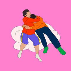 Two people hugging on a cloud 