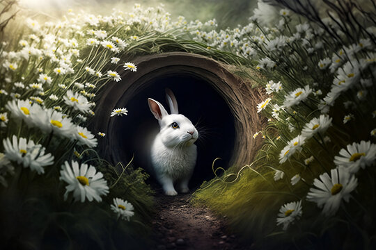 Out of a rabbit hole, a young white rabbit is seeing a spring meadow for the first time, full of daisies, Generative AI