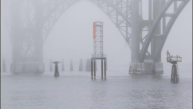 Drone Aerial Video Yaquina Bay Bridge Newport Oregon Coast Fog 