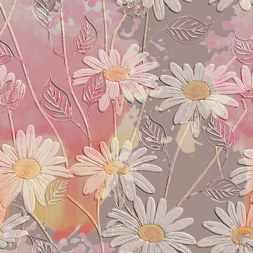Chamomile flowers textured 3d seamless pattern. Floral embossed watercolor pink background. Grunge dirty modern backdrop. Line art  flowers, leaves. Abstract hand drawn surface chamomiles ornament