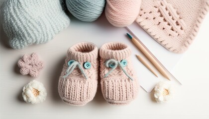 Fototapeta na wymiar Handmade knitted baby booties. Generative AI