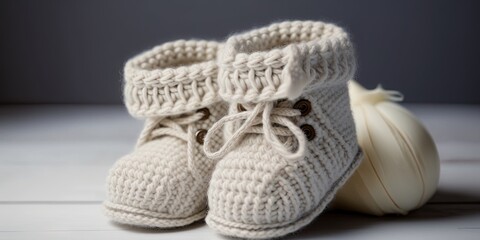 Handmade knitted baby booties. Generative AI
