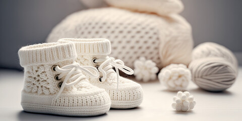 Handmade knitted baby booties. Generative AI - 572081661