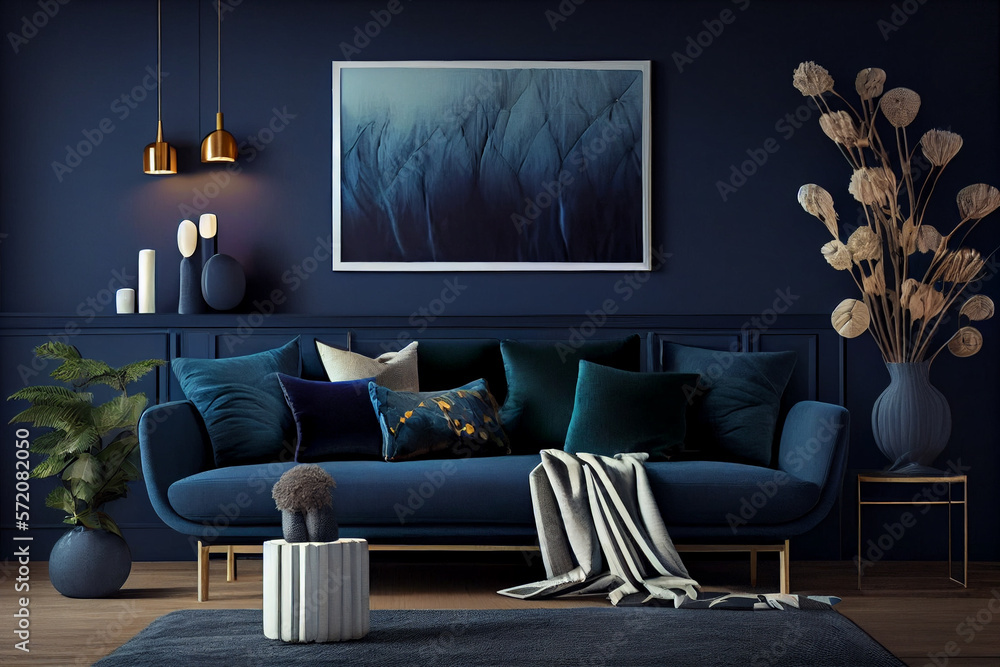 Wall mural interior of cozy modern living room with sofa against a blank, dark blue wall, illustration of glamo - Wall murals
