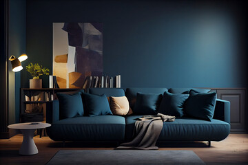 Interior of cozy modern living room with sofa against a blank, dark blue wall, illustration of glamour modern style interior design, generative, ai