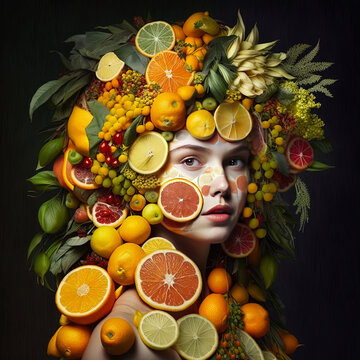 Citrus portrait of a girl, in the style of Arcimboldo - generative ai
