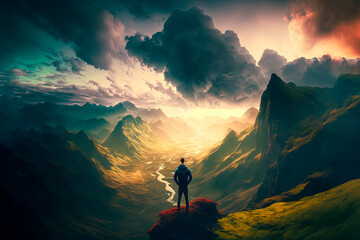 A person observes a beautiful breathtaking landscape, mountains, clouds. Generative AI