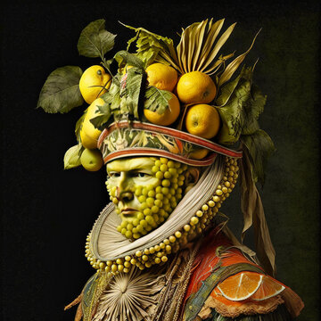 Portrait of a man, made with citrus, in the style of Arcimboldo - generative ai