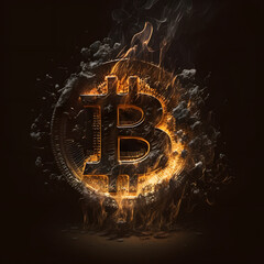 Bitcoin on a black background, Bitcoin and smoke, Bitcoin burns out