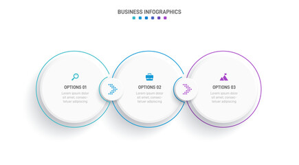 Timeline infographic with infochart. Modern presentation template with 3 spets for business process. Website template on white background for concept modern design. Horizontal layout.