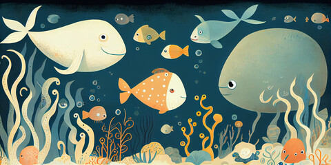 Naklejka premium Illustration of Underwater World with Various Fish and Plant Life. generative ai