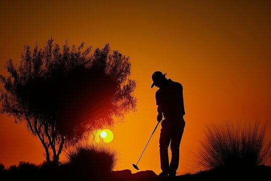image, silhouette of a retiree playing golf at sunset, ai generative