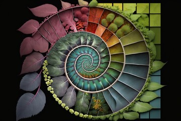 Representation of fibonacci sequence with spiral of colorful squares and rectangles arranged in pattern of plant, created with Generative AI technology