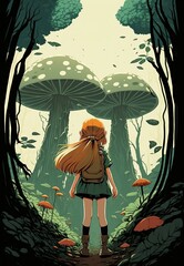 cartoon illustration, rear view of a girl in a forest with giant mushrooms, ai generative